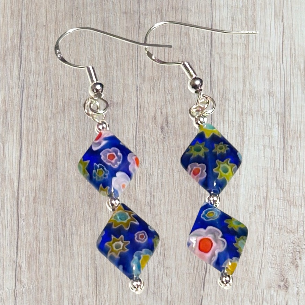 Hand Crafted Earrings Flowers Floral Beads Long Dangle Pierced - Picture 1 of 8